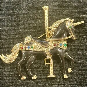 Vintage gold enamel carousel horse brooch rhinestones 1980's Unicorn Brooch!!